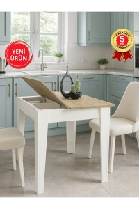 Kapaklı Yemek Masası - Gizli Bölmeli Mutfak Masası Beyaz-Safir 110cm | Tatyos
